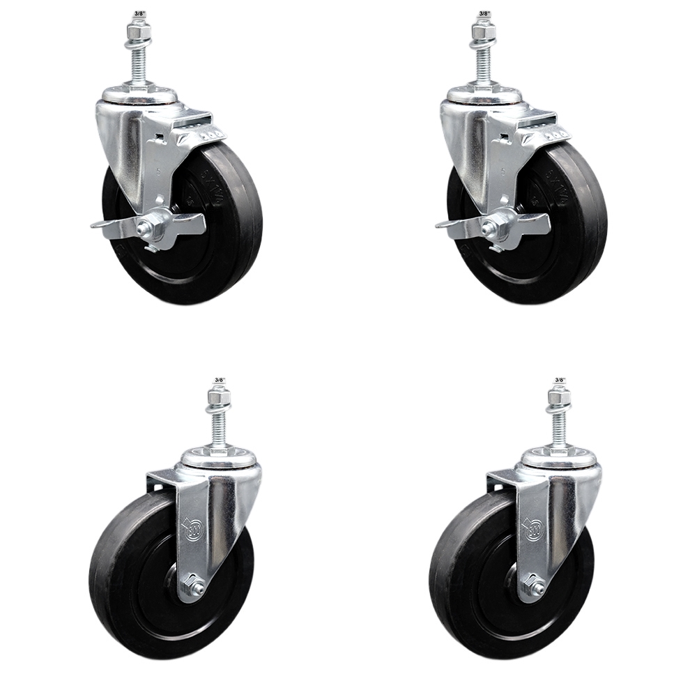 Stainless Steel Soft Rubber Swivel Threaded Stem Caster Set of 4 w/5" x 1.25" Black Wheels and 3/8" Stems - Includes 2 with Top Locking Brake - 1100 lbs Total Capacity - Service Caster Brand — photo 1