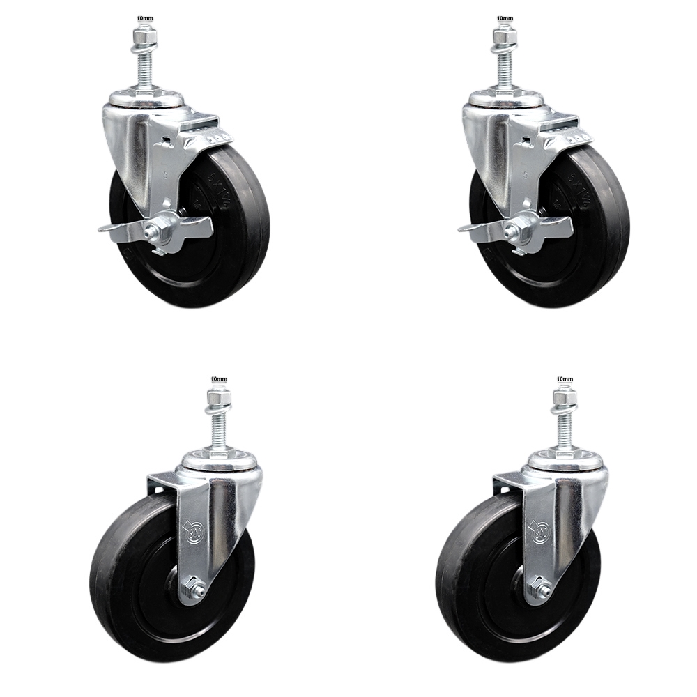 Stainless Steel Soft Rubber Swivel Threaded Stem Caster Set 4 w/5" x 1.25" Black Wheels and 10MM Metric Stems - Includes 2 with Top Locking Brake - 1100 lbs Total Capacity - Service Caster Brand — photo 1