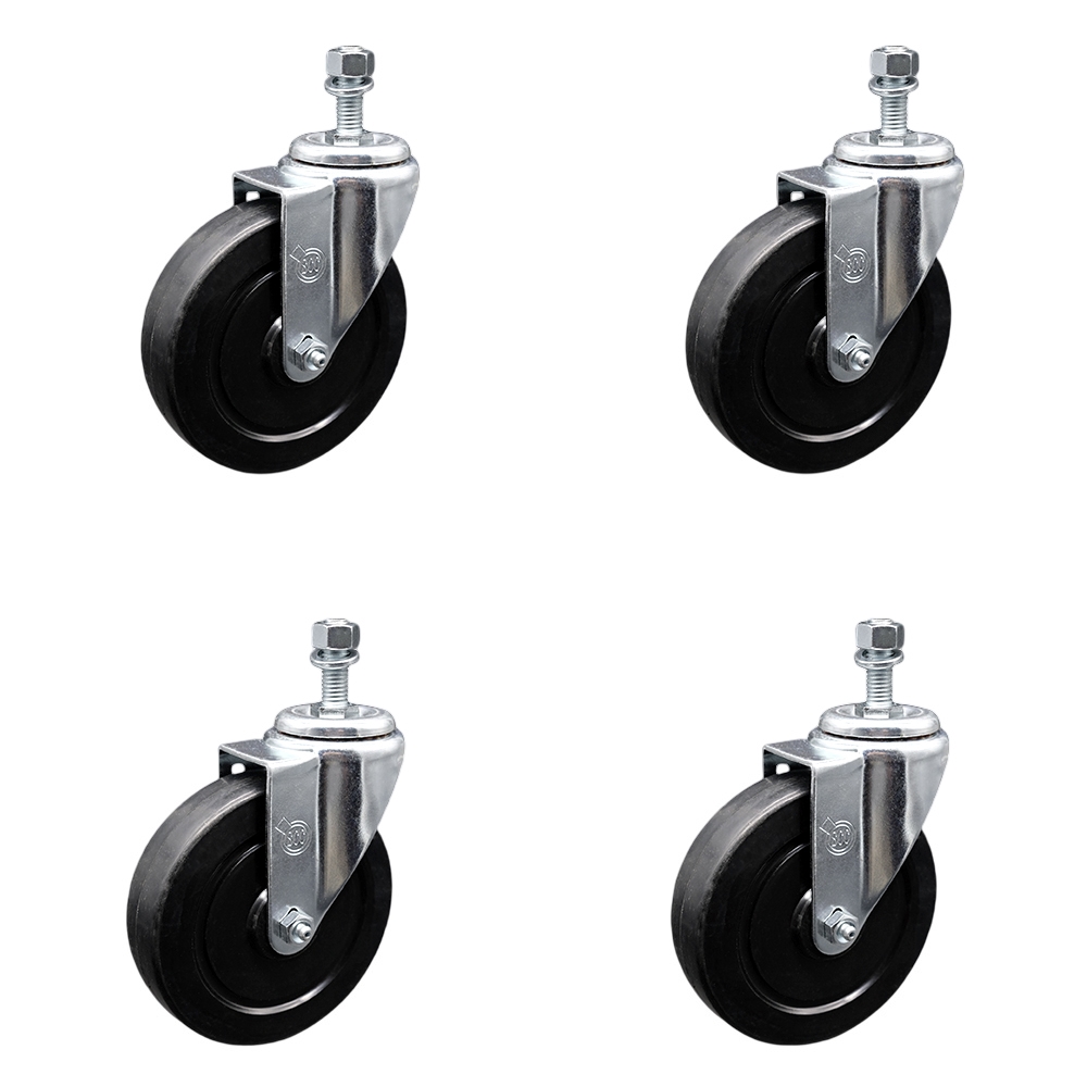 Stainless Steel Soft Rubber Swivel Threaded Stem Caster Set of 4 w/5" x 1.25" Black Wheels and 10mm Stems - Includes 4 Swivel - 1100 lbs Total Capacity - Service Caster Brand — photo 1
