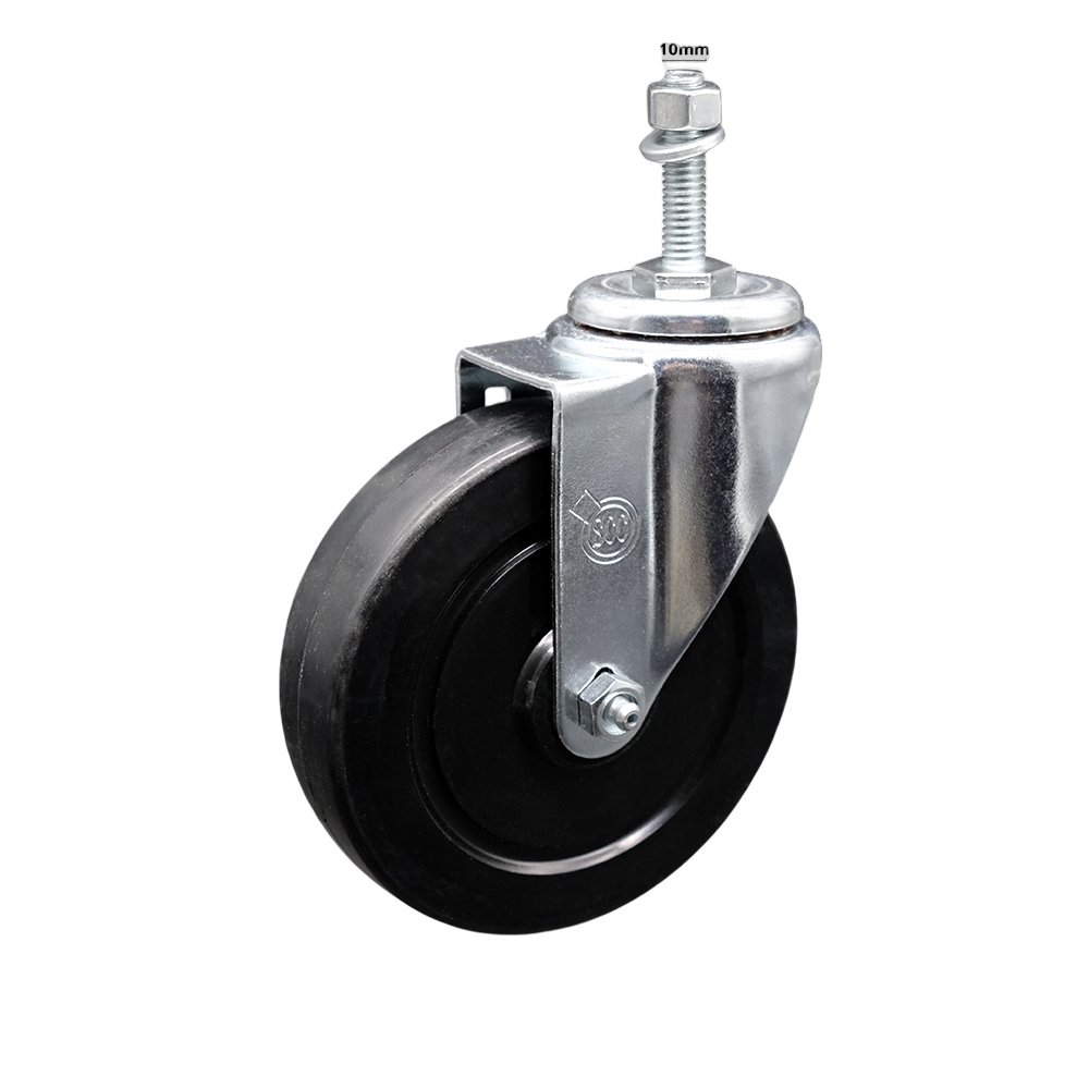Stainless Steel Soft Rubber Swivel Threaded Stem Caster w/5" x 1.25" Black Wheel and 10MM Metric Stem - 275 lbs Capacity/Caster - Service Caster Brand — photo 1