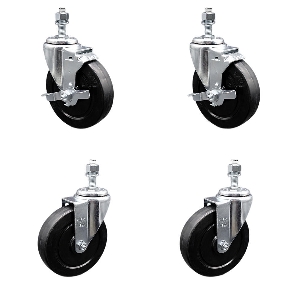 Stainless Steel Soft Rubber Swivel Threaded Stem Caster Set 4 w/5" x 1.25" Black Wheels and 12MM Metric Stems - Includes 2 with Top Locking Brake - 1100 lbs Total Capacity - Service Caster Brand — photo 1