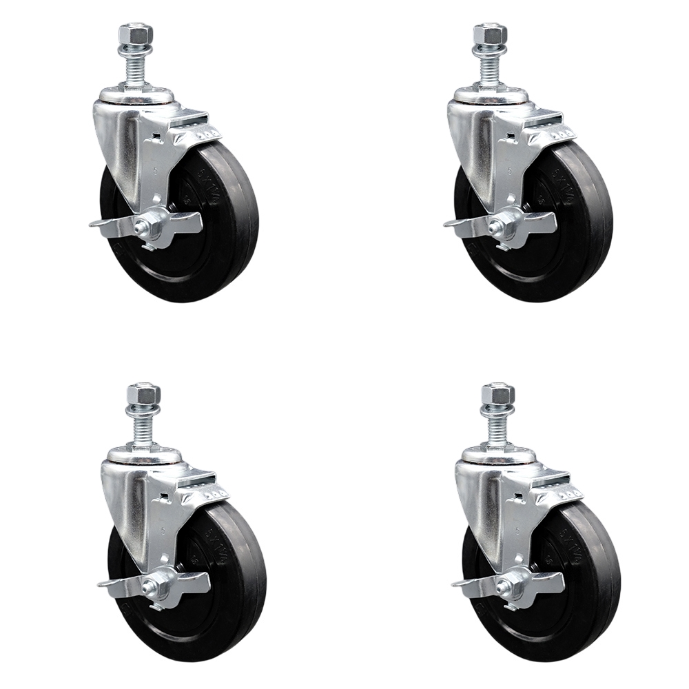 Stainless Steel Soft Rubber Swivel Threaded Stem Caster Set of 4 w/5" x 1.25" Black Wheels and 1/2" Stems - Includes 4 with Top Lock Brakes - 1100 lbs Total Capacity - Service Caster Brand — photo 1