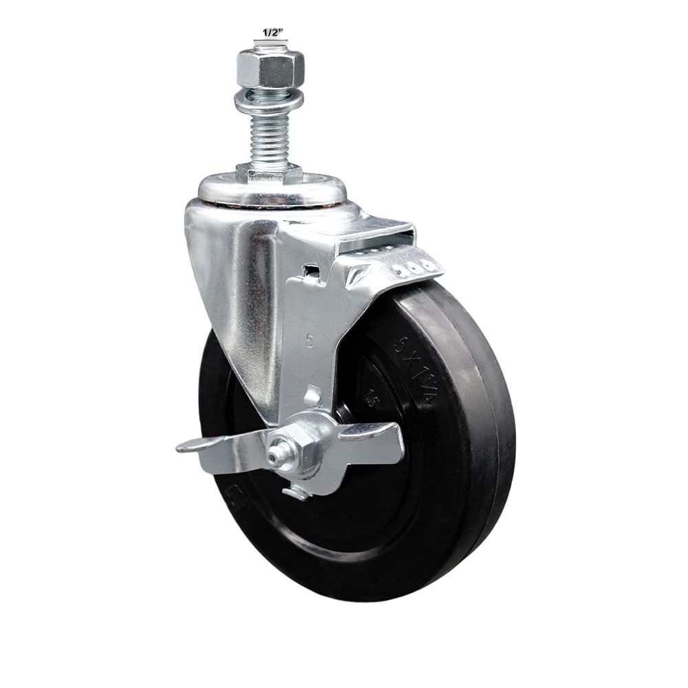 Stainless Steel Soft Rubber Swivel Threaded Stem Caster w/5" x 1.25" Black Wheel and 1/2" Stem & Top Locking Brake - 275 lbs Capacity/Caster - Service Caster Brand — photo 1