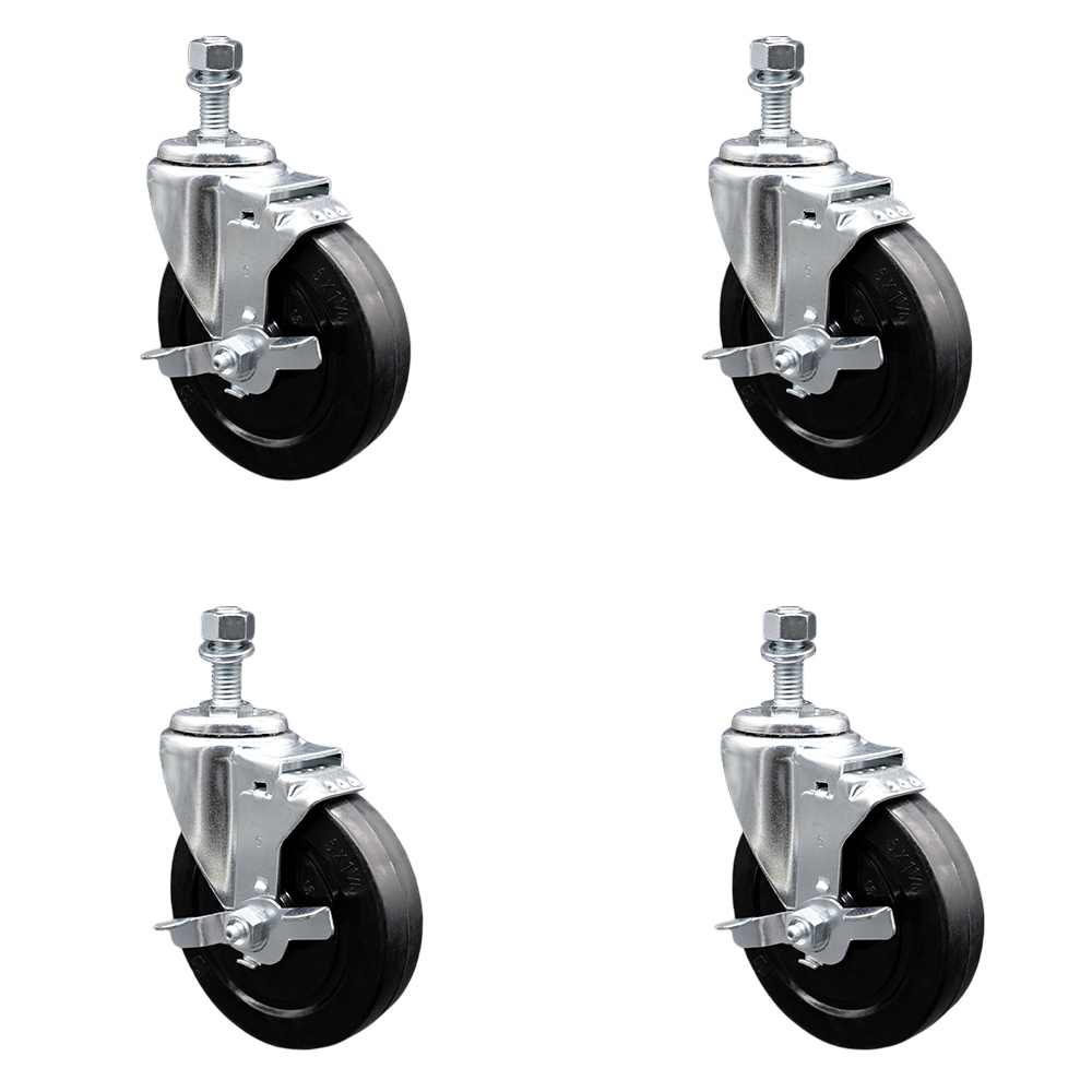 Stainless Steel Soft Rubber Swivel Threaded Stem Caster Set of 4 w/5" x 1.25" Black Wheels and 3/8" Stems - Includes 4 with Top Lock Brakes - 1100 lbs Total Capacity - Service Caster Brand — photo 1