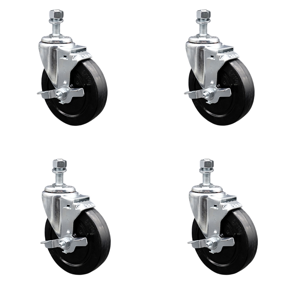 Stainless Steel Soft Rubber Swivel Threaded Stem Caster Set of 4 w/5" x 1.25" Black Wheels and 10mm Stems - Includes 4 with Top Lock Brakes - 1100 lbs Total Capacity - Service Caster Brand — photo 1