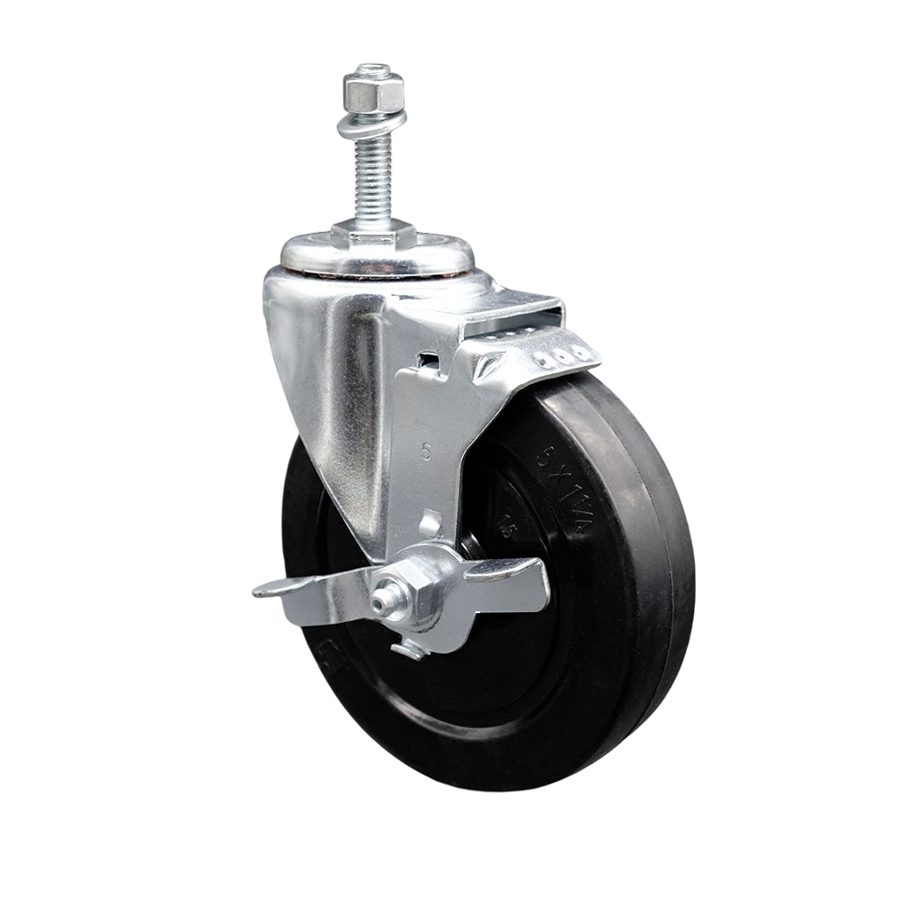 Stainless Steel Soft Rubber Swivel Threaded Stem Caster w/5" x 1.25" Black Wheel and 10MM Metric Stem & Top Locking Brake - 275 lbs Capacity/Caster - Service Caster Brand — photo 1