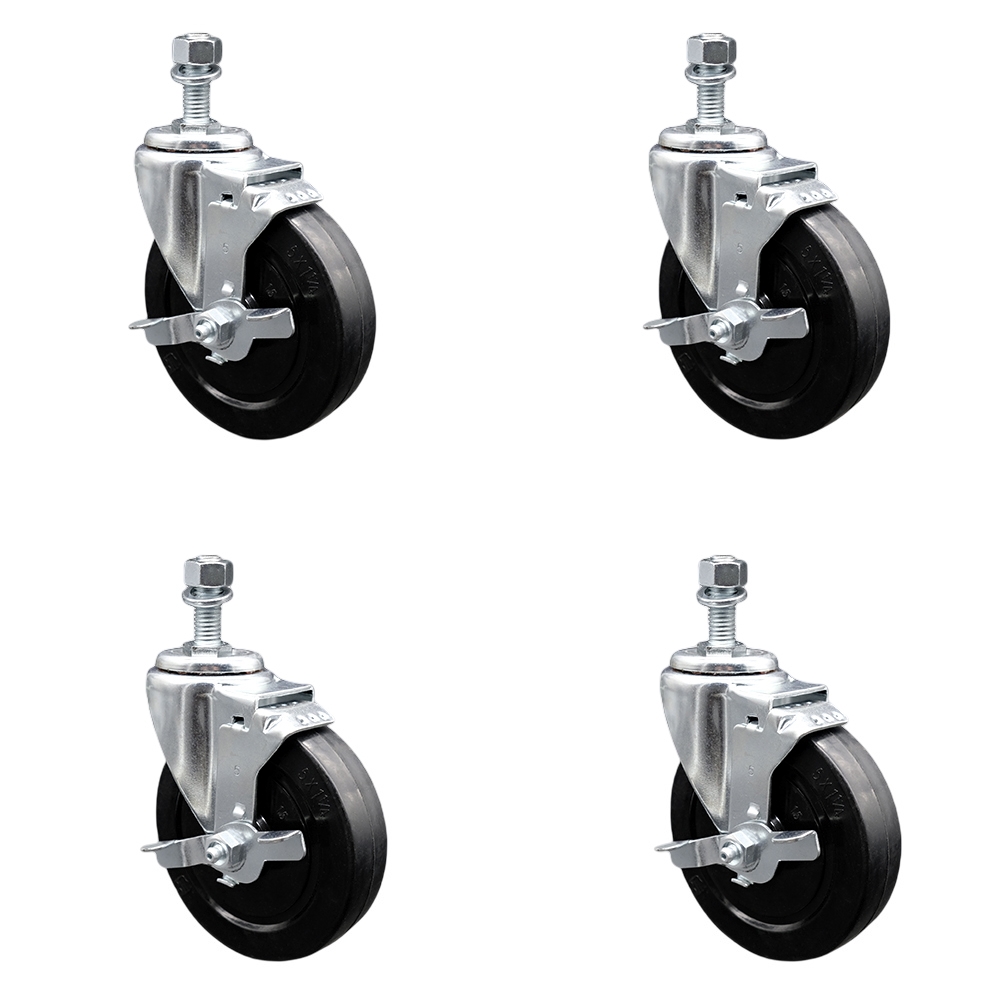 Stainless Steel Soft Rubber Swivel Threaded Stem Caster Set of 4 w/5" x 1.25" Black Wheels and 12mm Stems - Includes 4 with Top Lock Brakes - 1100 lbs Total Capacity - Service Caster Brand — photo 1