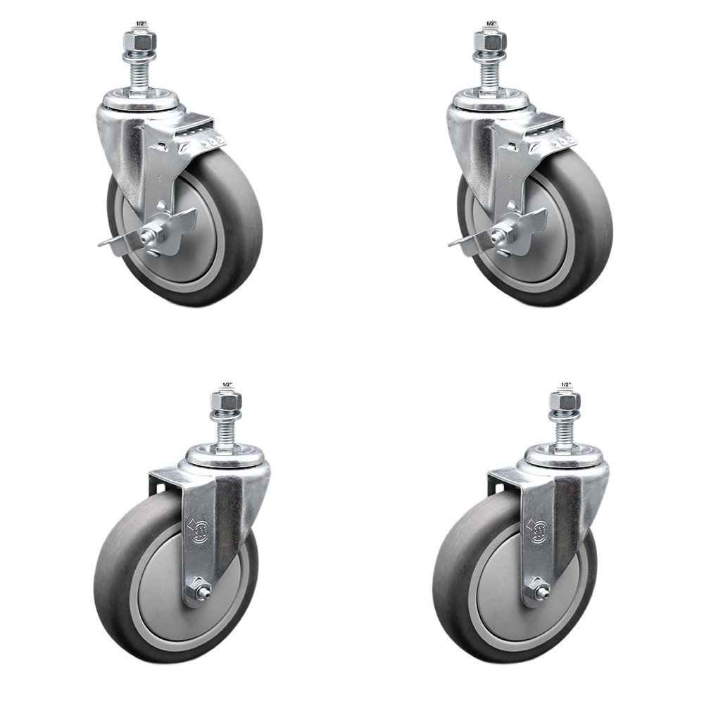 Stainless Steel Thermoplastic Rubber Swivel Threaded Stem Caster Set of 4 - 5" x 1.25" Gray Wheels and 1/2" Stems - Includes 2 with Top Locking Brake - 1,200 lbs Total Capacity - Service Caster Brand — photo 1