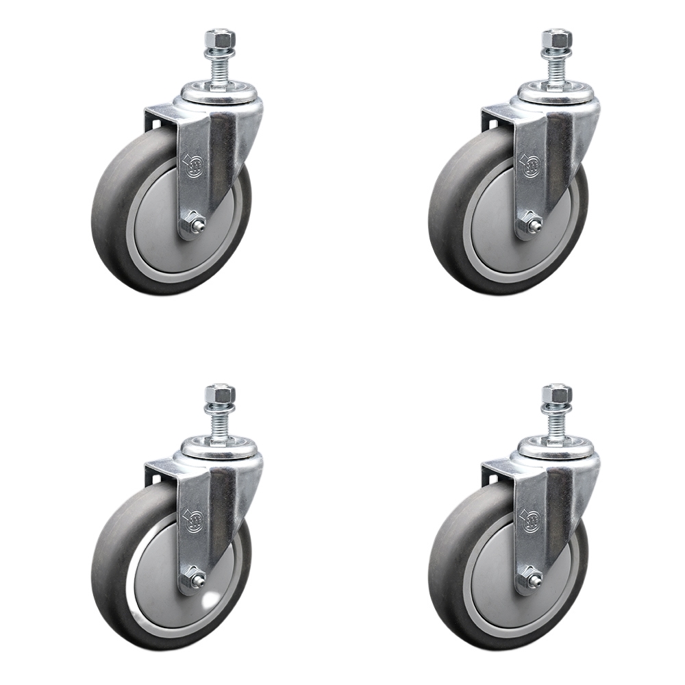 Stainless Steel Thermoplastic Rubber Swivel Threaded Stem Caster Set of 4 w/5" x 1.25" Gray Wheels and 1/2" Stems - Includes 4 Swivel - 1200 lbs Total Capacity - Service Caster Brand — photo 1