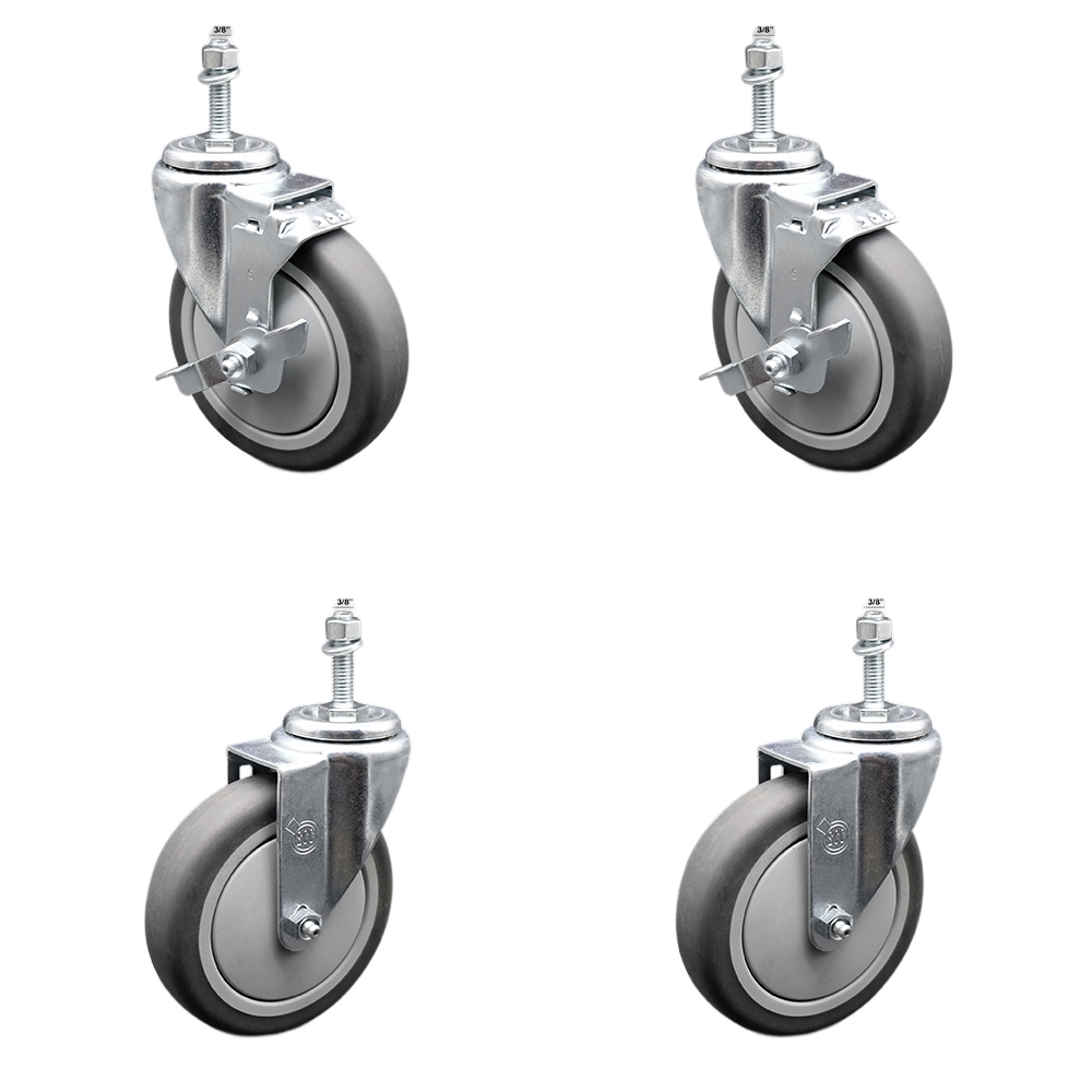 Stainless Steel Thermoplastic Rubber Swivel Threaded Stem Caster Set of 4 - 5" x 1.25" Gray Wheels and 3/8" Stems - Includes 2 with Top Locking Brake - 1,200 lbs Total Capacity - Service Caster Brand — photo 1