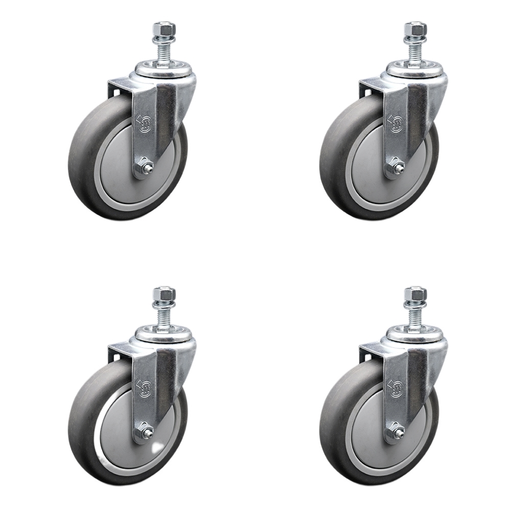 Stainless Steel Thermoplastic Rubber Swivel Threaded Stem Caster Set of 4 w/5" x 1.25" Gray Wheels and 3/8" Stems - Includes 4 Swivel - 1200 lbs Total Capacity - Service Caster Brand — photo 1