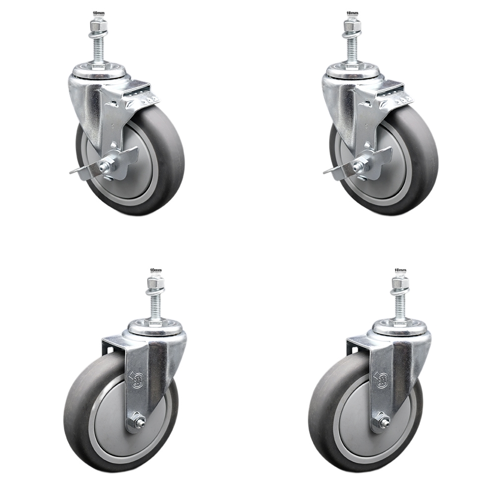 Stainless Steel Thermoplastic Rubber Swivel Threaded Stem Caster Set of 4 - 5" x 1.25" Gray Wheels & 10MM Metric Stems- Includes 2 with Top Locking Brake-1,200 lbs Total Capacity-Service Caster Brand — photo 1
