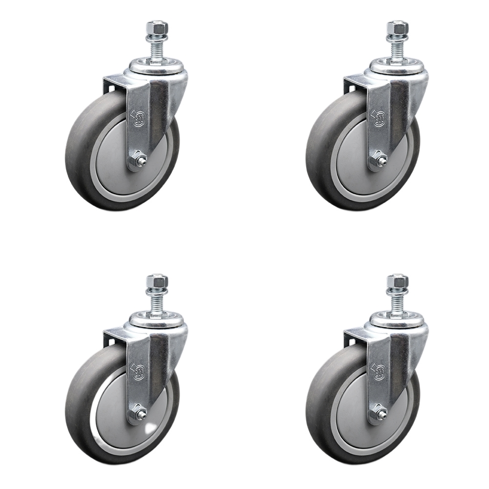 Stainless Steel Thermoplastic Rubber Swivel Threaded Stem Caster Set of 4 w/5" x 1.25" Gray Wheels and 10mm Stems - Includes 4 Swivel - 1200 lbs Total Capacity - Service Caster Brand — photo 1