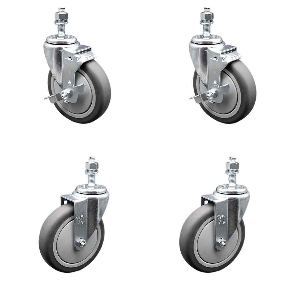 Stainless Steel Thermoplastic Rubber Swivel Threaded Stem Caster Set of 4 - 5" x 1.25" Gray Wheels & 12MM Metric Stems- Includes 2 with Top Locking Brake-1,200 lbs Total Capacity-Service Caster Brand — photo 1