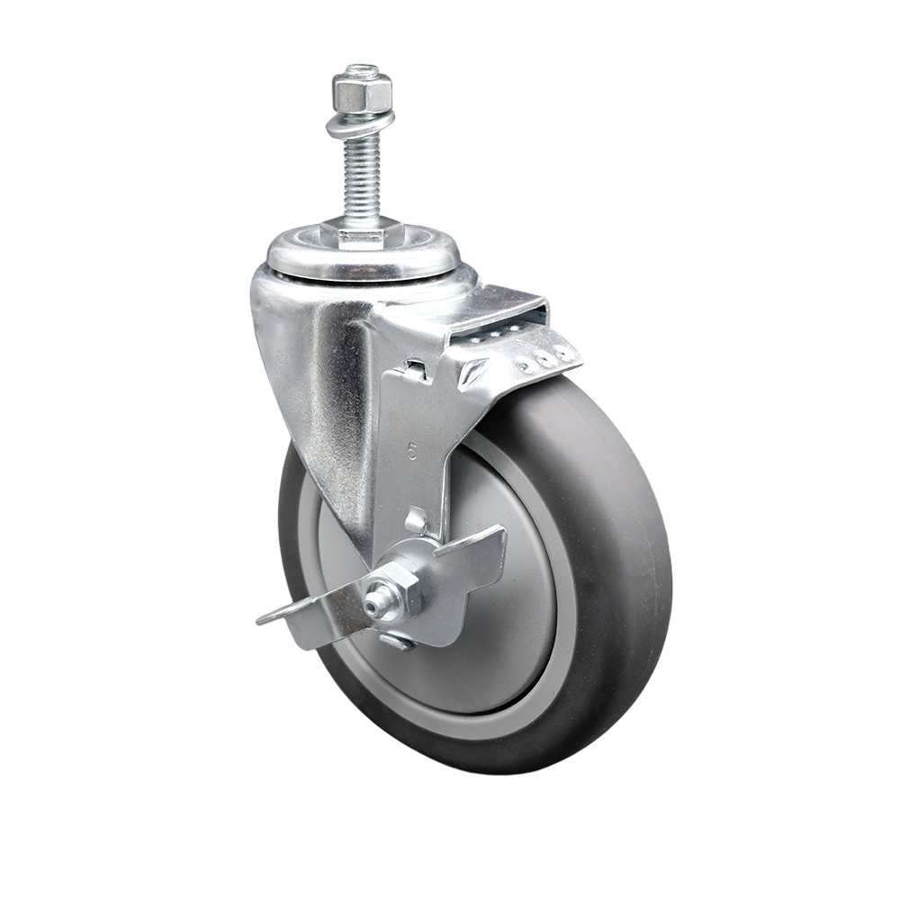 Stainless Steel Thermoplastic Rubber Swivel Threaded Stem Caster - 5" x 1.25" Gray Wheel and 3/8" Stem & Top Locking Brake - 300 lbs Capacity/Caster - Service Caster Brand — photo 1