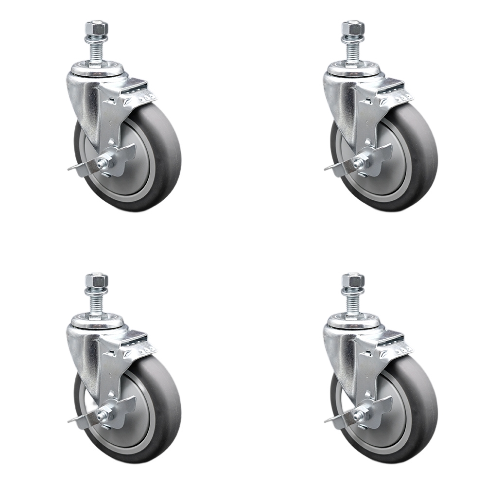 Stainless Steel Thermoplastic Rubber Swivel Threaded Stem Caster Set of 4 w/5" x 1.25" Gray Wheels and 10mm Stems - Includes 4 with Top Lock Brakes - 1200 lbs Total Capacity - Service Caster Brand — photo 1