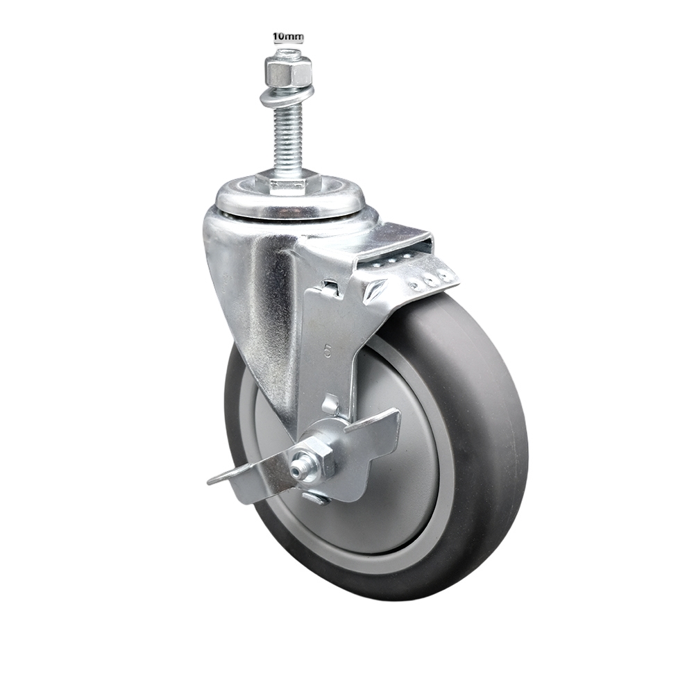 Stainless Steel Thermoplastic Rubber Swivel Threaded Stem Caster - 5" x 1.25" Gray Wheel and 10MM Metric Stem & Top Locking Brake - 300 lbs Capacity/Caster - Service Caster Brand — photo 1