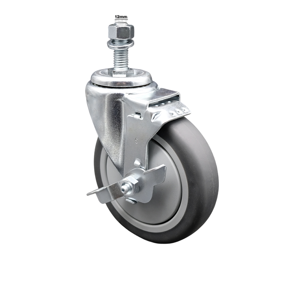 Stainless Steel Thermoplastic Rubber Swivel Threaded Stem Caster - 5" x 1.25" Gray Wheel and 12MM Metric Stem & Top Locking Brake - 300 lbs Capacity/Caster - Service Caster Brand — photo 1