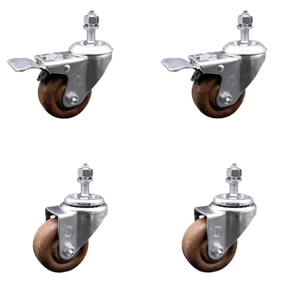 Stainless Steel High Temp Glass Filled Nylon Swivel Threaded Stem Caster Set 4 w/3" x 1.25" Brown Wheels and 1/2" Stems-Includes 2 with Total Locking Brake-1400 lbs Total Capacity-Service Caster Brand — photo 1