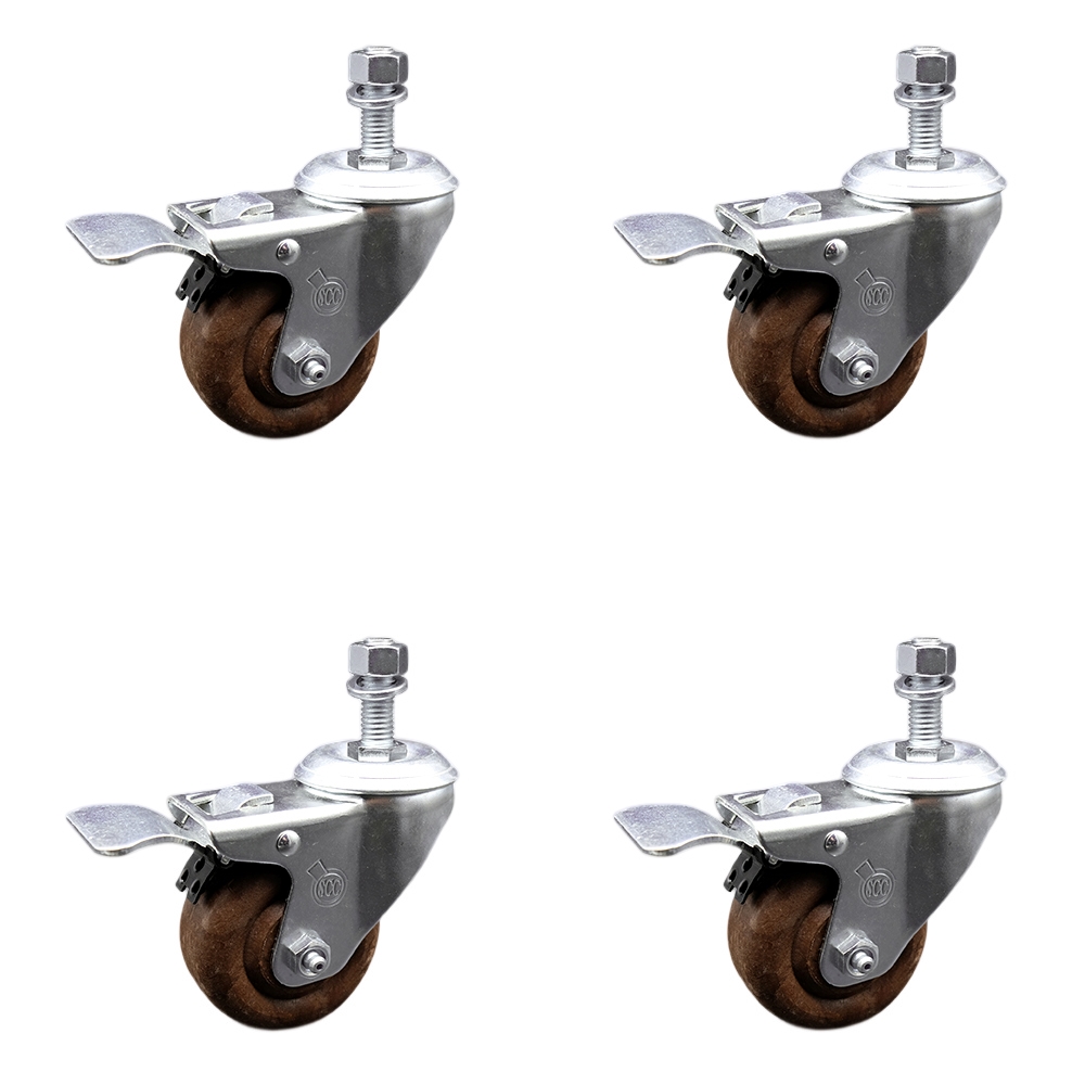 Stainless Steel High Temp Glass Filled Nylon Swivel Threaded Stem Caster Set of 4 w/3" x 1.25" Brown Wheels & 12mm Stems- Includes 4 with Total Lock Brakes-1400 lbs Total Capacity-Service Caster Brand — photo 1