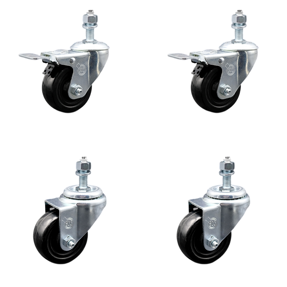 Stainless Steel Hard Rubber Swivel Threaded Stem Caster Set of 4 w/3" x 1.25" Black Wheels and 1/2" Stems - Includes 2 with Total Locking Brake - 1100 lbs Total Capacity - Service Caster Brand — photo 1