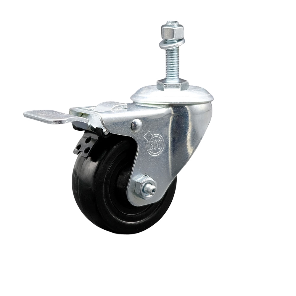 Stainless Steel Hard Rubber Swivel Threaded Stem Caster w/3" x 1.25" Black Wheel and 3/8" Stem & Total Locking Brake - 275 lbs Capacity/Caster - Service Caster Brand — photo 1