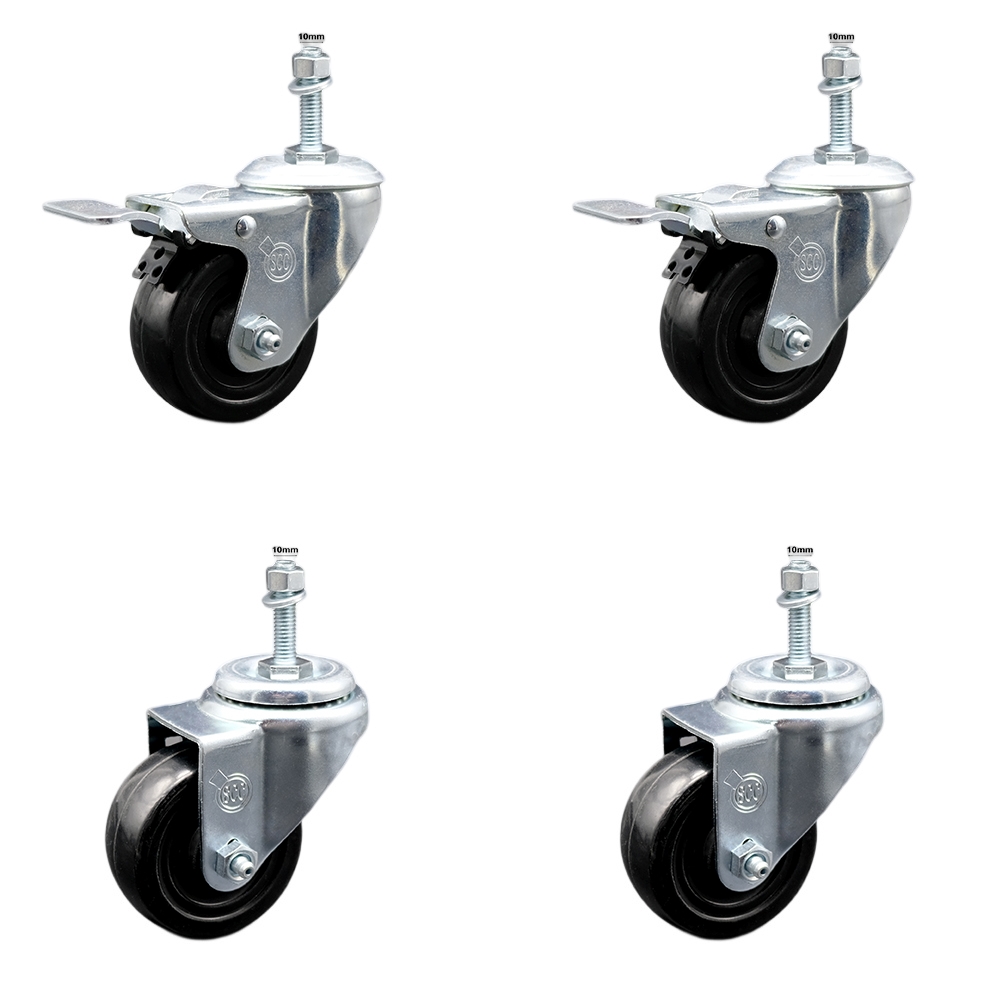 Stainless Steel Hard Rubber Swivel Threaded Stem Caster Set of 4 w/3" x 1.25" Black Wheels and 10MM Metric Stems - Includes 2 with Total Locking Brake - 1100 lbs Total Capacity - Service Caster Brand — photo 1