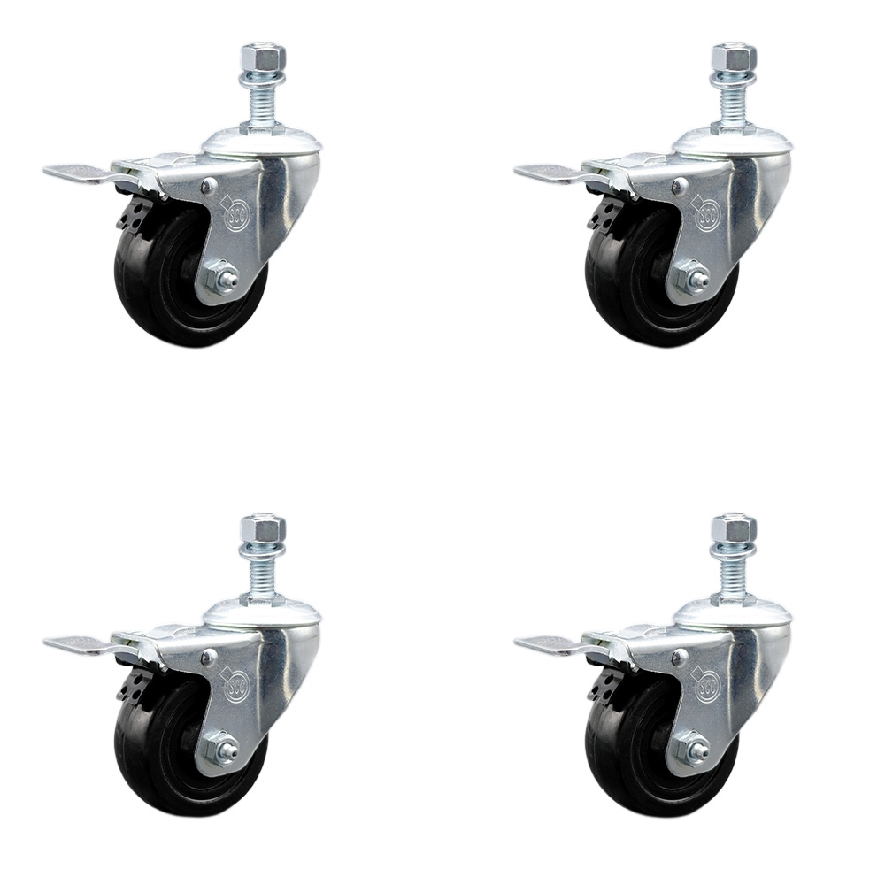 Stainless Steel Hard Rubber Swivel Threaded Stem Caster Set of 4 w/3" x 1.25" Black Wheels and 10mm Stems - Includes 4 with Total Lock Brakes - 1100 lbs Total Capacity - Service Caster Brand — photo 1