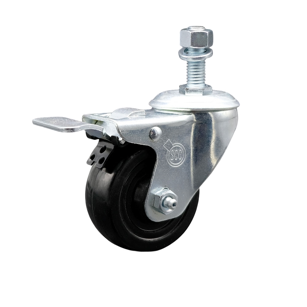 Stainless Steel Hard Rubber Swivel Threaded Stem Caster w/3" x 1.25" Black Wheel and 12MM Metric Stem & Total Locking Brake - 275 lbs Capacity/Caster - Service Caster Brand — photo 1