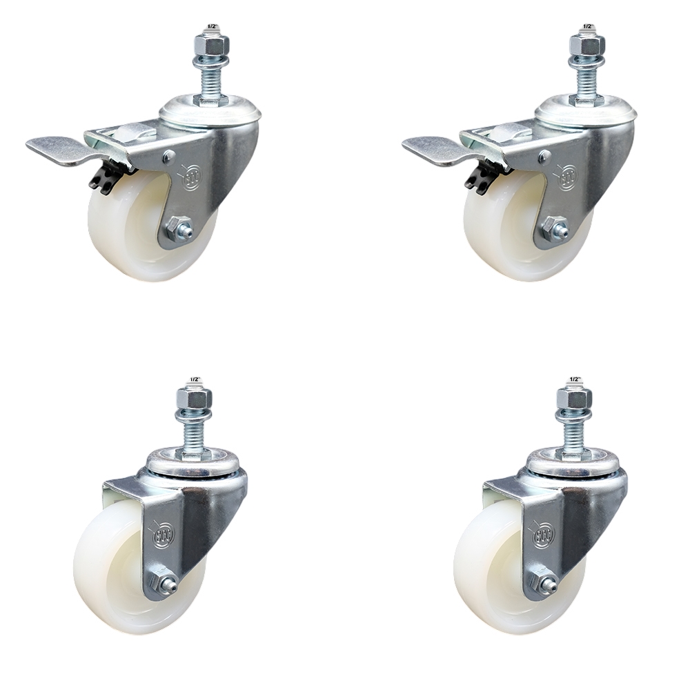 Stainless Steel Nylon Swivel Threaded Stem Caster Set of 4 w/3" x 1.25" White Wheels and 1/2" Stems - Includes 2 with Total Locking Brake - 1200 lbs Total Capacity - Service Caster Brand — photo 1