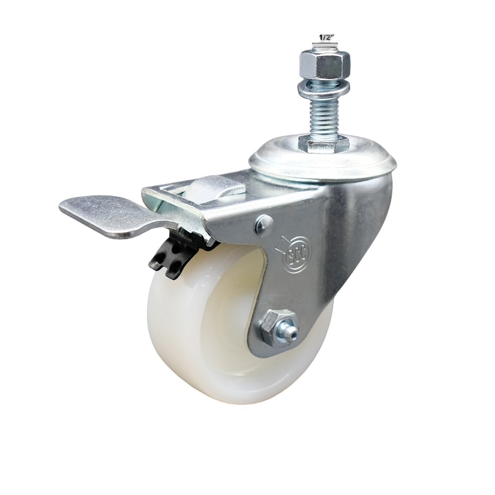 Stainless Steel Nylon Swivel Threaded Stem Caster w/3" x 1.25" White Wheel and 1/2" Stem & Total Locking Brake - 300 lbs Capacity/Caster - Service Caster Brand — photo 1