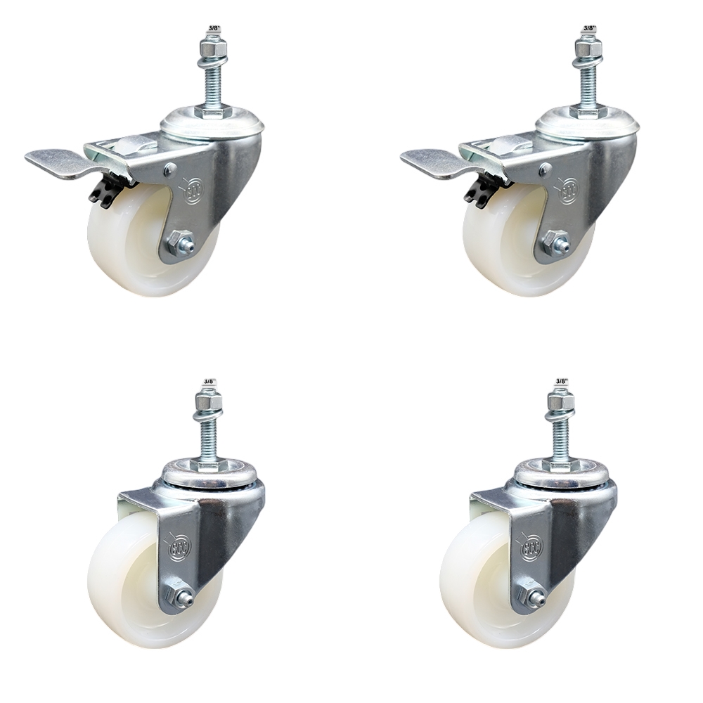 Stainless Steel Nylon Swivel Threaded Stem Caster Set of 4 w/3" x 1.25" White Wheels and 3/8" Stems - Includes 2 with Total Locking Brake - 1200 lbs Total Capacity - Service Caster Brand — photo 1