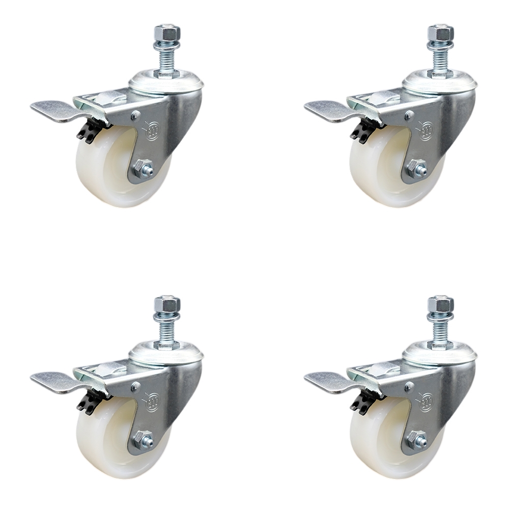 Stainless Steel Nylon Swivel Threaded Stem Caster Set of 4 w/3" x 1.25" White Wheels and 3/8" Stems - Includes 4 with Total Lock Brakes - 1200 lbs Total Capacity - Service Caster Brand — photo 1