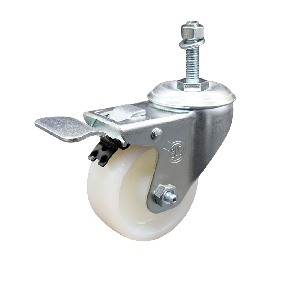 Stainless Steel Nylon Swivel Threaded Stem Caster w/3" x 1.25" White Wheel and 3/8" Stem & Total Locking Brake - 300 lbs Capacity/Caster - Service Caster Brand — photo 1