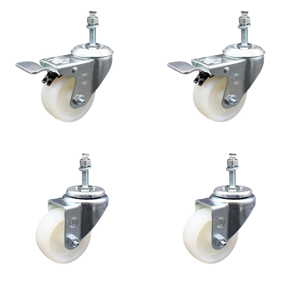 Stainless Steel Nylon Swivel Threaded Stem Caster Set of 4 w/3" x 1.25" White Wheels and 10MM Metric Stems - Includes 2 with Total Locking Brake - 1200 lbs Total Capacity - Service Caster Brand — photo 1