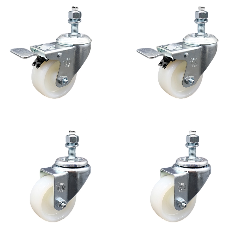Stainless Steel Nylon Swivel Threaded Stem Caster Set of 4 w/3" x 1.25" White Wheels and 12MM Metric Stems - Includes 2 with Total Locking Brake - 1200 lbs Total Capacity - Service Caster Brand — photo 1