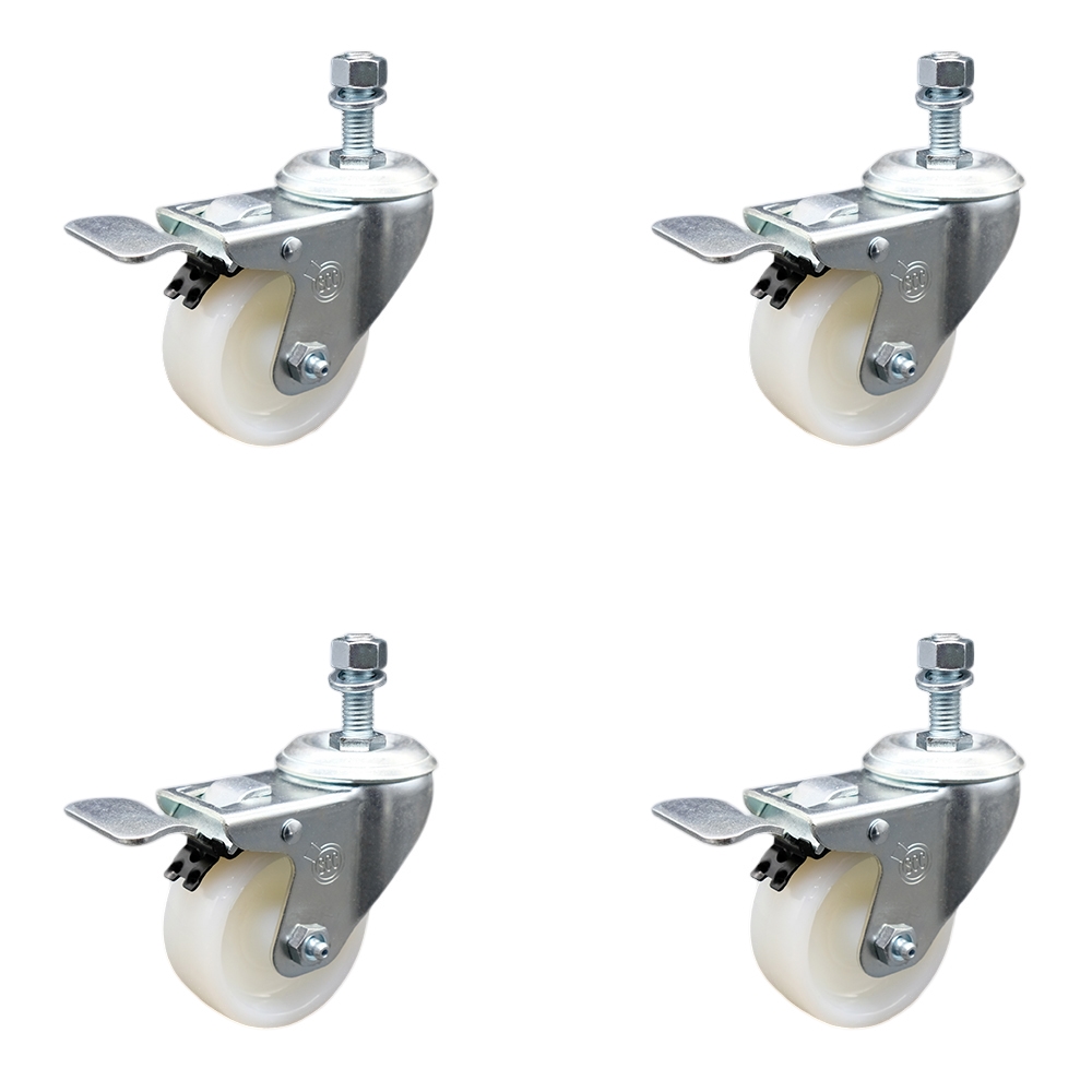 Stainless Steel Nylon Swivel Threaded Stem Caster Set of 4 w/3" x 1.25" White Wheels and 12mm Stems - Includes 4 with Total Lock Brakes - 1200 lbs Total Capacity - Service Caster Brand — photo 1