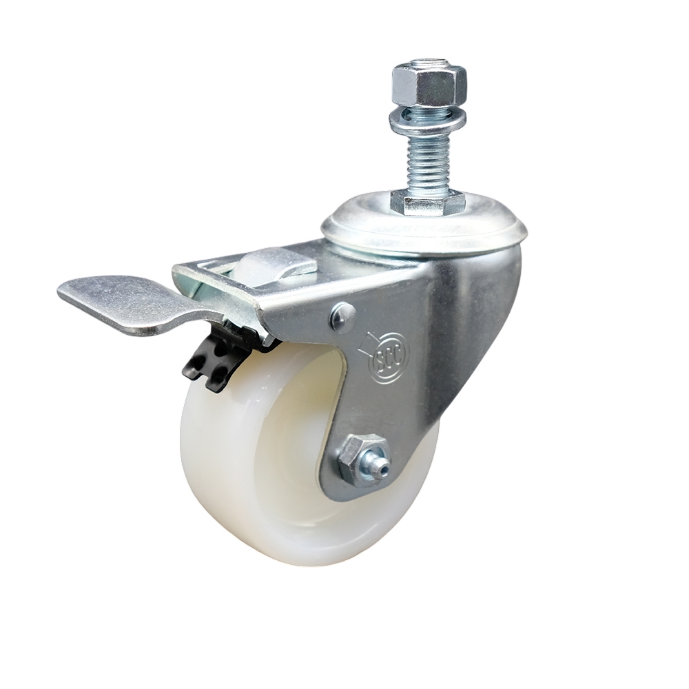 Stainless Steel Nylon Swivel Threaded Stem Caster w/3" x 1.25" White Wheel and 12MM Metric Stem & Total Locking Brake - 300 lbs Capacity/Caster - Service Caster Brand — photo 1