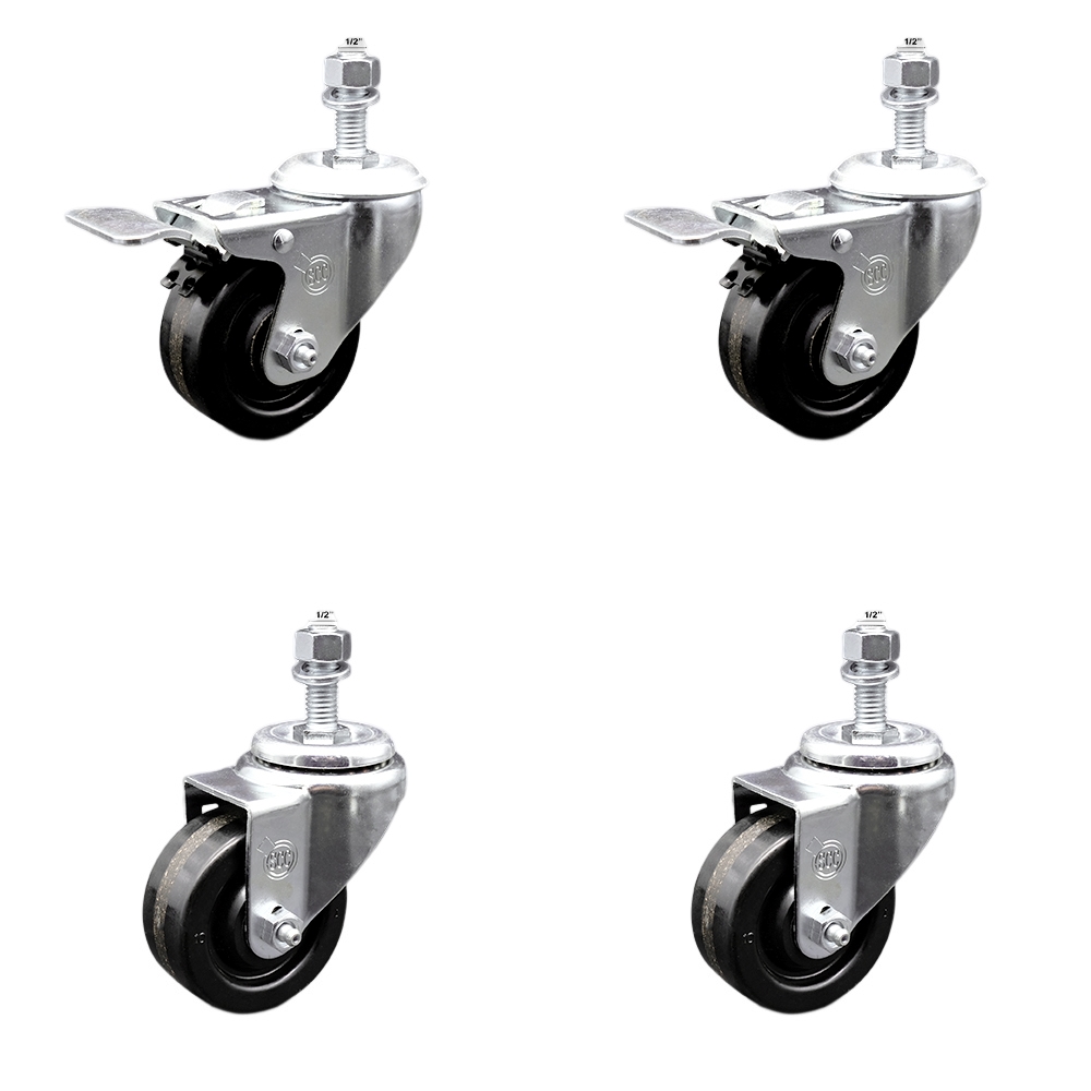 Stainless Steel Phenolic Swivel Threaded Stem Caster Set of 4 w/3" x 1.25" Black Wheels and 1/2" Stems - Includes 2 with Total Locking Brake - 1200 lbs Total Capacity - Service Caster Brand — photo 1