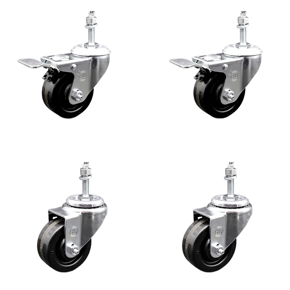 Stainless Steel Phenolic Swivel Threaded Stem Caster Set of 4 w/3" x 1.25" Black Wheels and 3/8" Stems - Includes 2 with Total Locking Brake - 1200 lbs Total Capacity - Service Caster Brand — photo 1