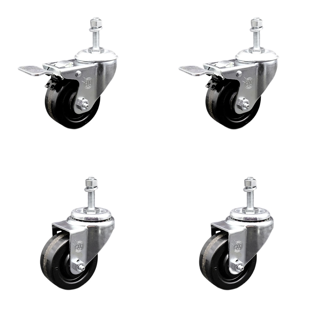 Stainless Steel Phenolic Swivel Threaded Stem Caster Set of 4 w/3" x 1.25" Black Wheels and 10MM Metric Stems - Includes 2 with Total Locking Brake - 1200 lbs Total Capacity - Service Caster Brand — photo 1
