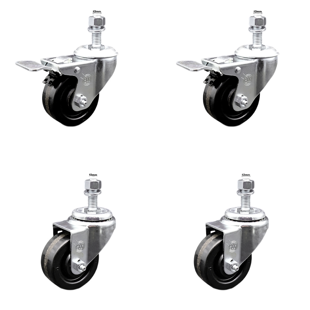 Stainless Steel Phenolic Swivel Threaded Stem Caster Set of 4 w/3" x 1.25" Black Wheels and 12MM Metric Stems - Includes 2 with Total Locking Brake - 1200 lbs Total Capacity - Service Caster Brand — photo 1