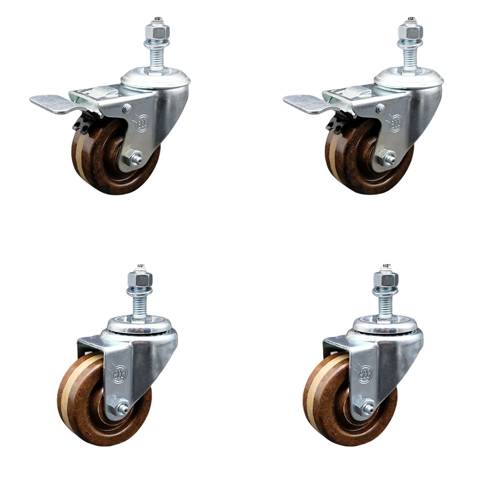 Stainless Steel High Temp Phenolic Swivel Threaded Stem Caster Set 4 w/3" x 1.25" Brown Wheels and 1/2" Stems-Includes 2 with Total Locking Brake-1200 lbs Total Capacity-Service Caster Brand — photo 1