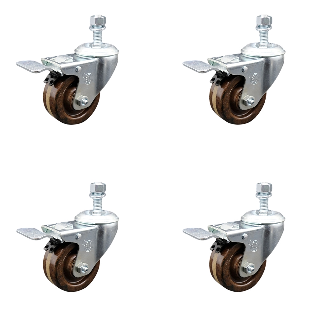 Stainless Steel High Temperature Phenolic Swivel Threaded Stem Caster Set of 4 w/3" x 1.25" Brown Wheels & 1/2" Stems - Includes 4 with Total Lock Brakes - 1200 lbs Total Capacity-Service Caster Brand — photo 1