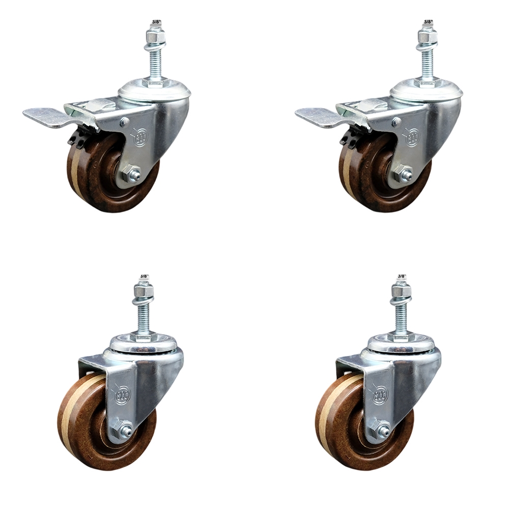 Stainless Steel High Temp Phenolic Swivel Threaded Stem Caster Set 4 w/3" x 1.25" Brown Wheels and 3/8" Stems-Includes 2 with Total Locking Brake-1200 lbs Total Capacity-Service Caster Brand — photo 1