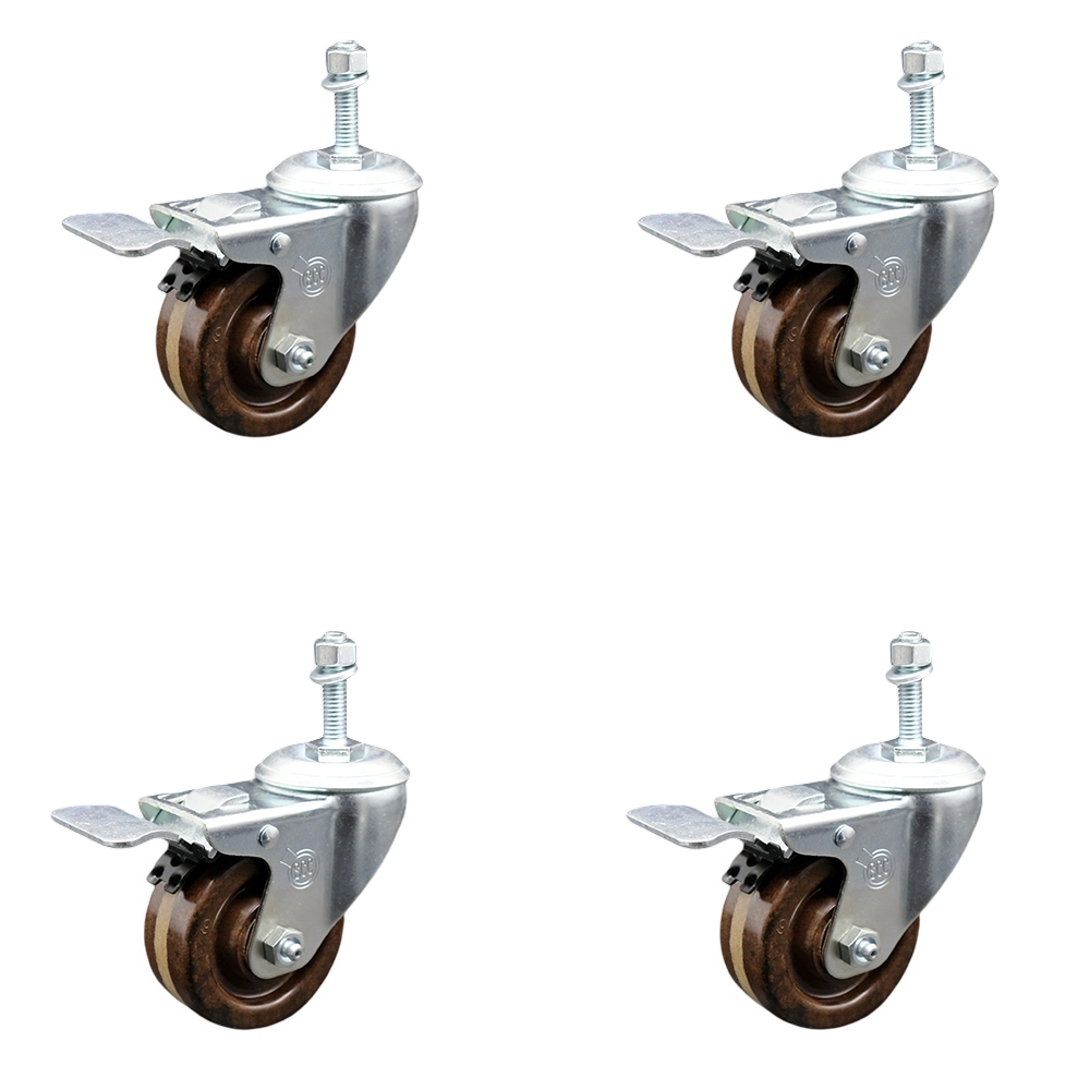 Stainless Steel High Temperature Phenolic Swivel Threaded Stem Caster Set of 4 w/3" x 1.25" Brown Wheels and 3/8" Stems - Includes 4 with Total Lock Brakes-1200 lbs Total Capacity-Service Caster Brand — photo 1
