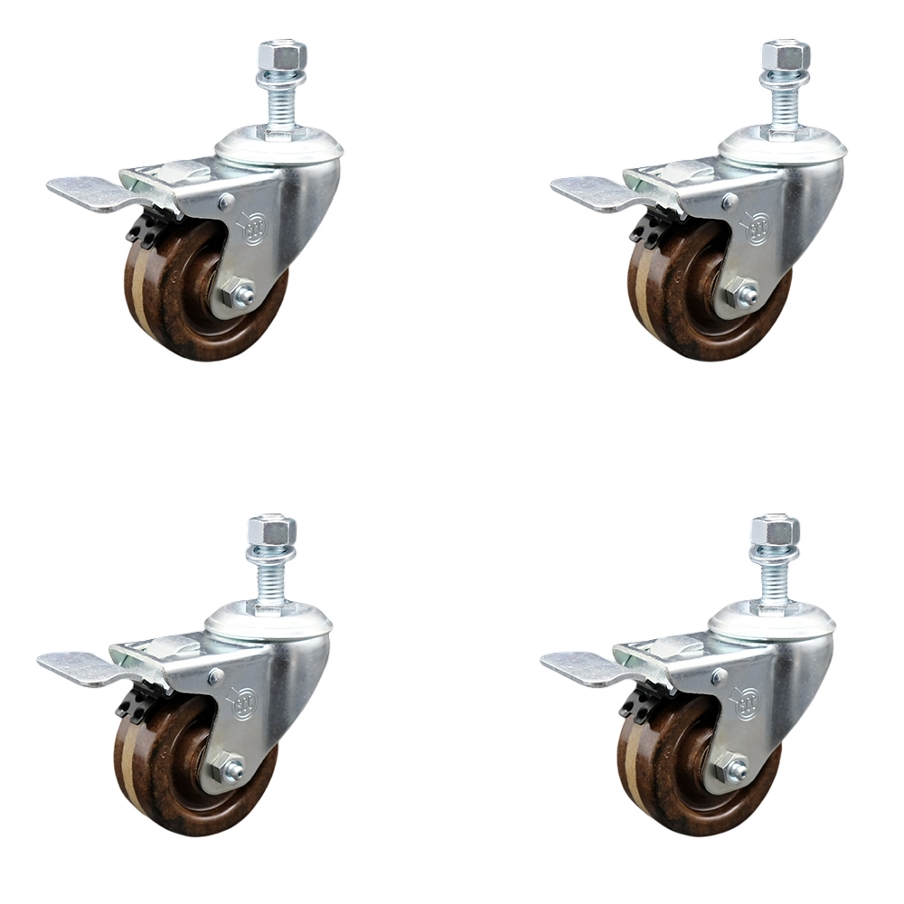 Stainless Steel High Temperature Phenolic Swivel Threaded Stem Caster Set of 4 w/3" x 1.25" Brown Wheels and 12mm Stems - Includes 4 with Total Lock Brakes-1200 lbs Total Capacity-Service Caster Brand — photo 1