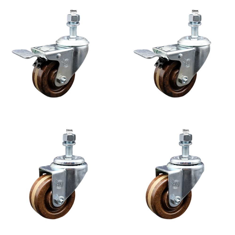 Stainless Steel High Temp Phenolic Swivel Threaded Stem Caster Set 4 w/3" x 1.25" Brown Wheels& 12MM Metric Stems-Includes 2 with Total Locking Brake-1200 lbs Total Cpty-Service Caster Brand — photo 1