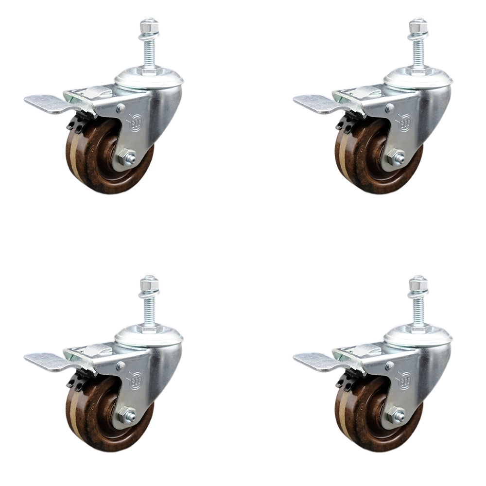 Stainless Steel High Temperature Phenolic Swivel Threaded Stem Caster Set of 4 w/3" x 1.25" Brown Wheels and 10mm Stems - Includes 4 with Total Lock Brakes-1200 lbs Total Capacity-Service Caster Brand — photo 1