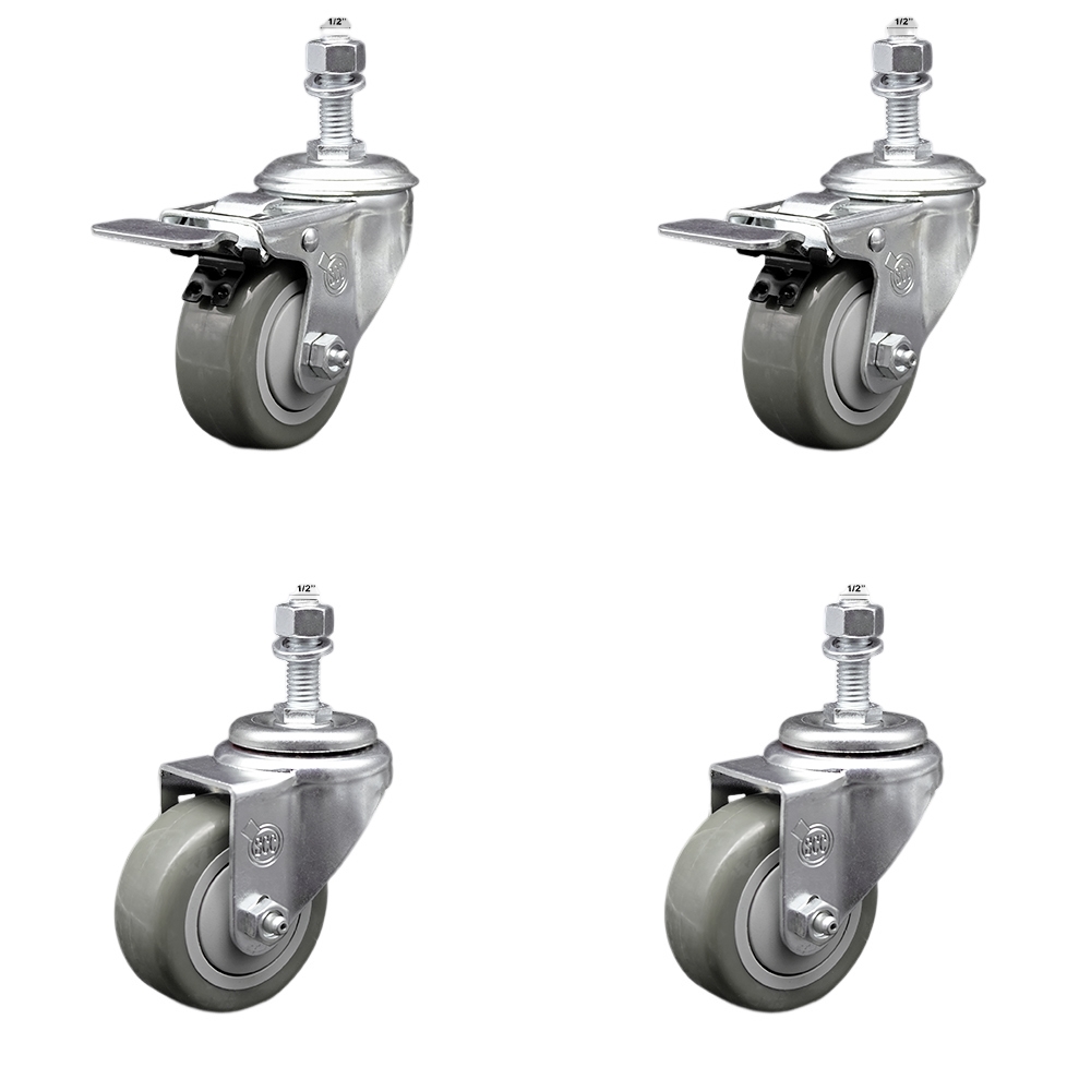 Stainless Steel Polyurethane Swivel Threaded Stem Caster Set of 4 w/3" x 1.25" Gray Wheels and 1/2" Stems - Includes 2 with Total Locking Brake - 1200 lbs Total Capacity - Service Caster Brand — photo 1